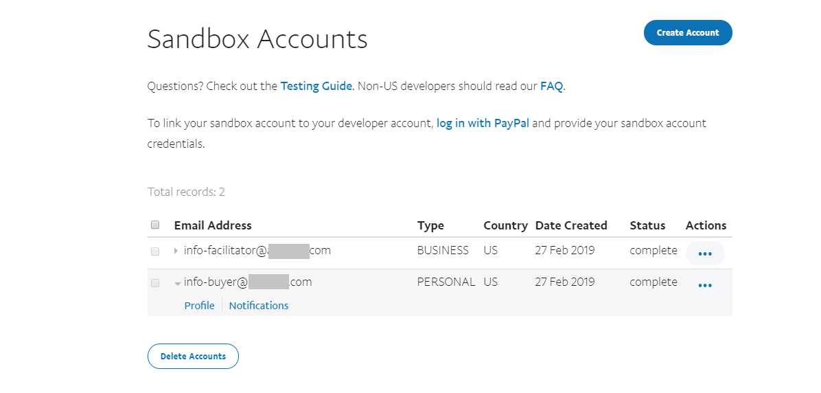 Mock PayPal accounts for payment testing