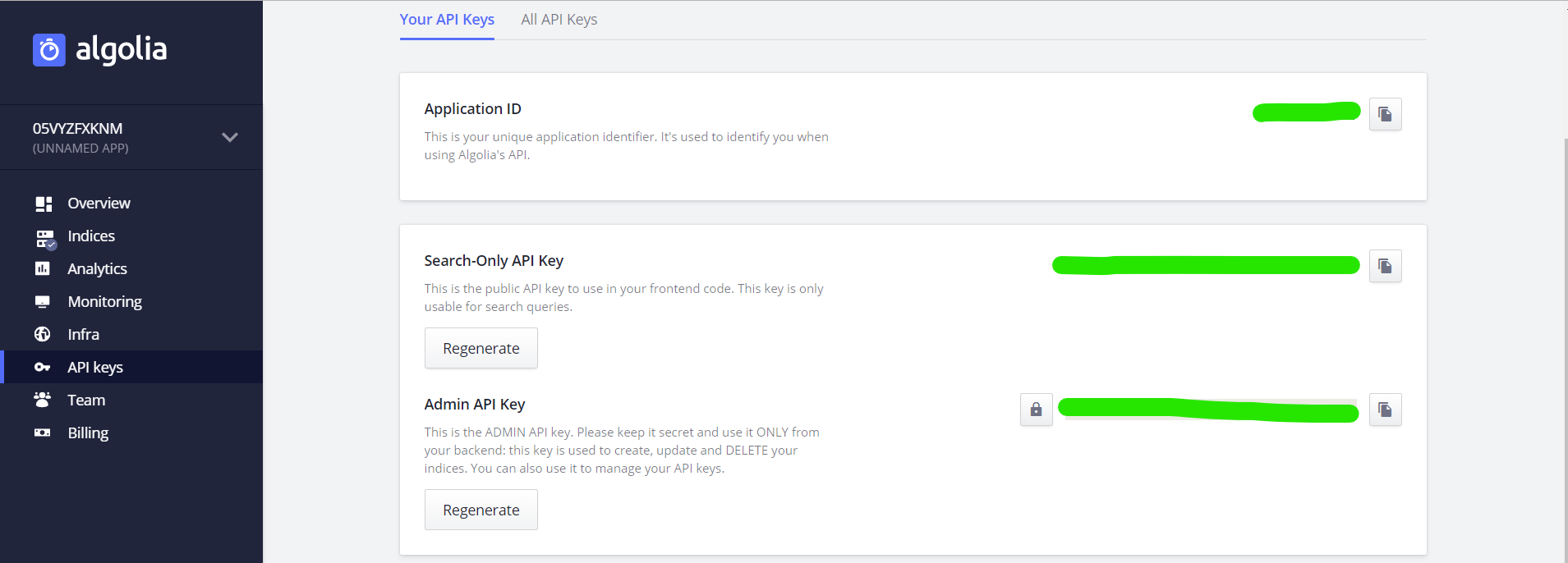 You need the Algolia App ID and Admin API Key