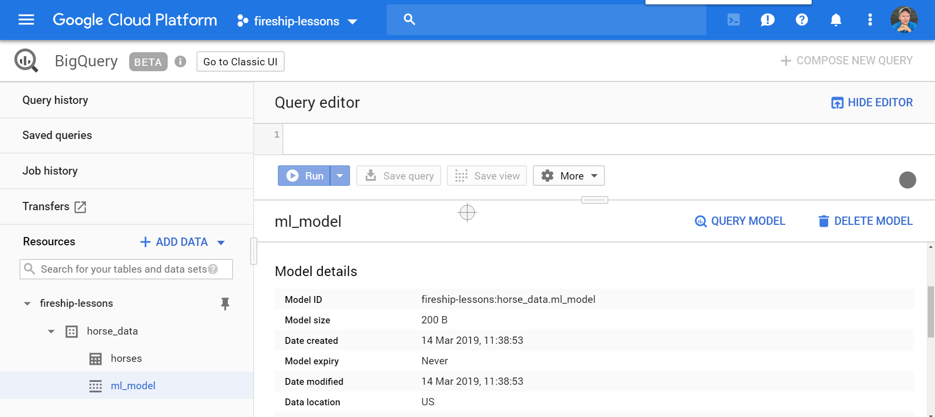 This will take a few minutes, then the ML model should appear in the BigQuery dataset