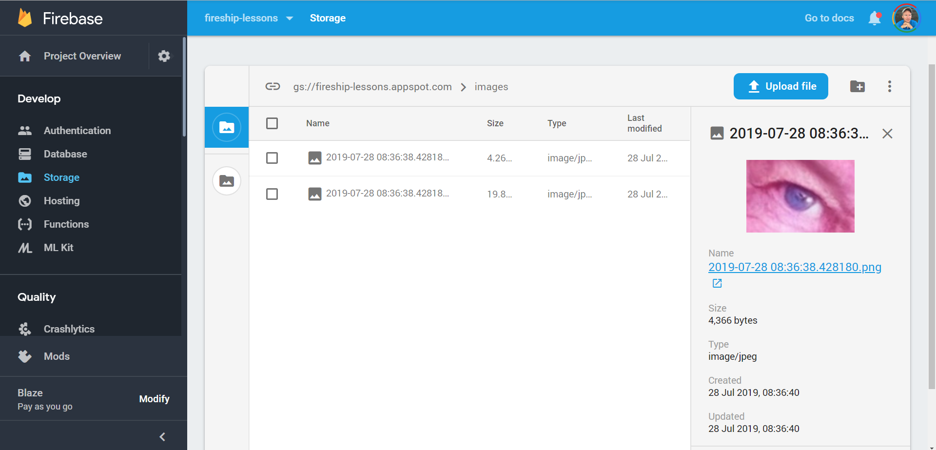 You should be able to view the end result in Firebase Cloud Storage when the upload is complete