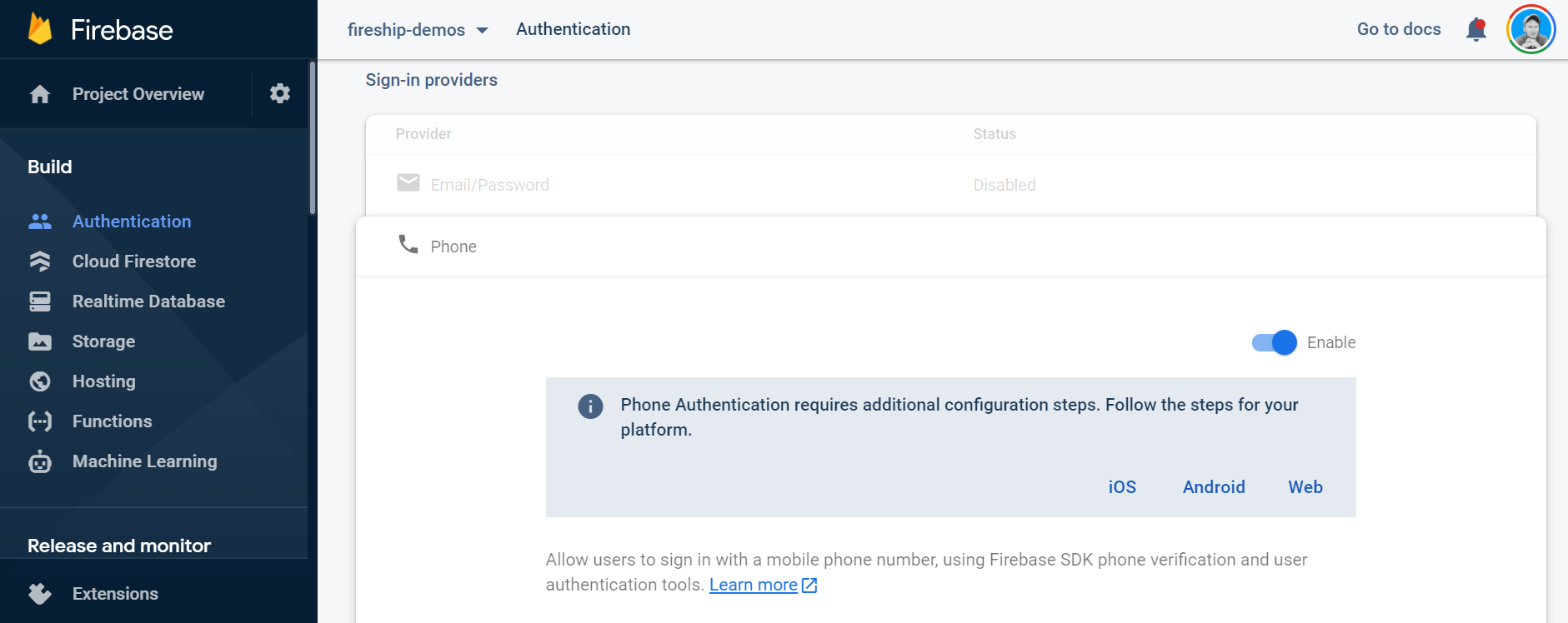 Enable phone auth from the Firebase Auth console