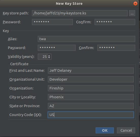 Create a keystore in Android Studio