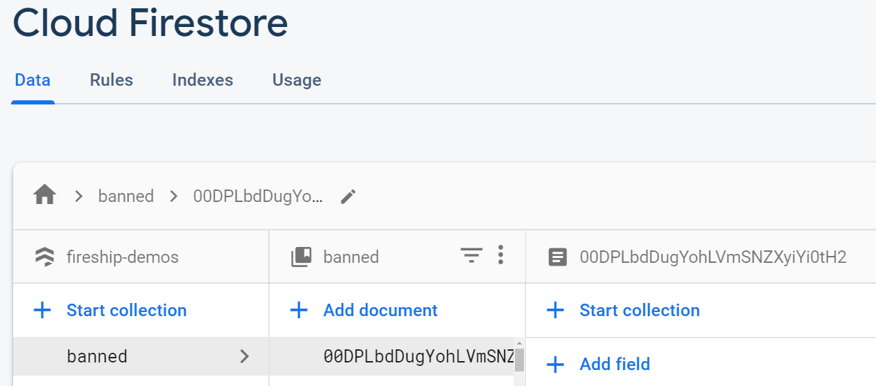 Example of banned document in Firestore. Does not require any fields.