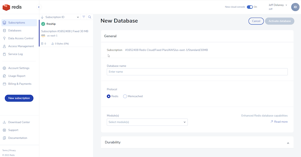 Create a new database on Redis Cloud