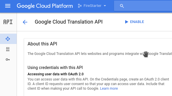 Enable translate via Google cloud platform