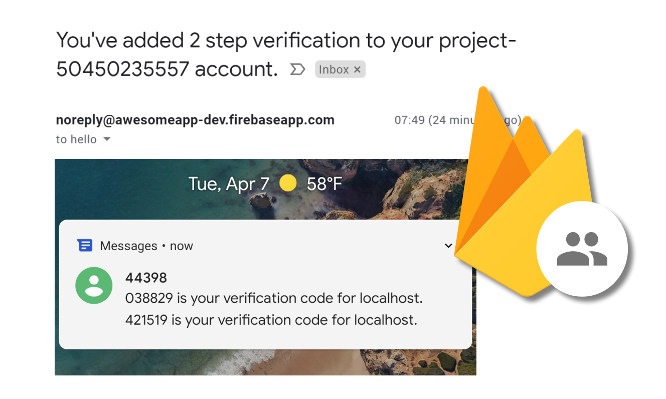 Actual SMS text and 2FA confirmation email from Firebase
