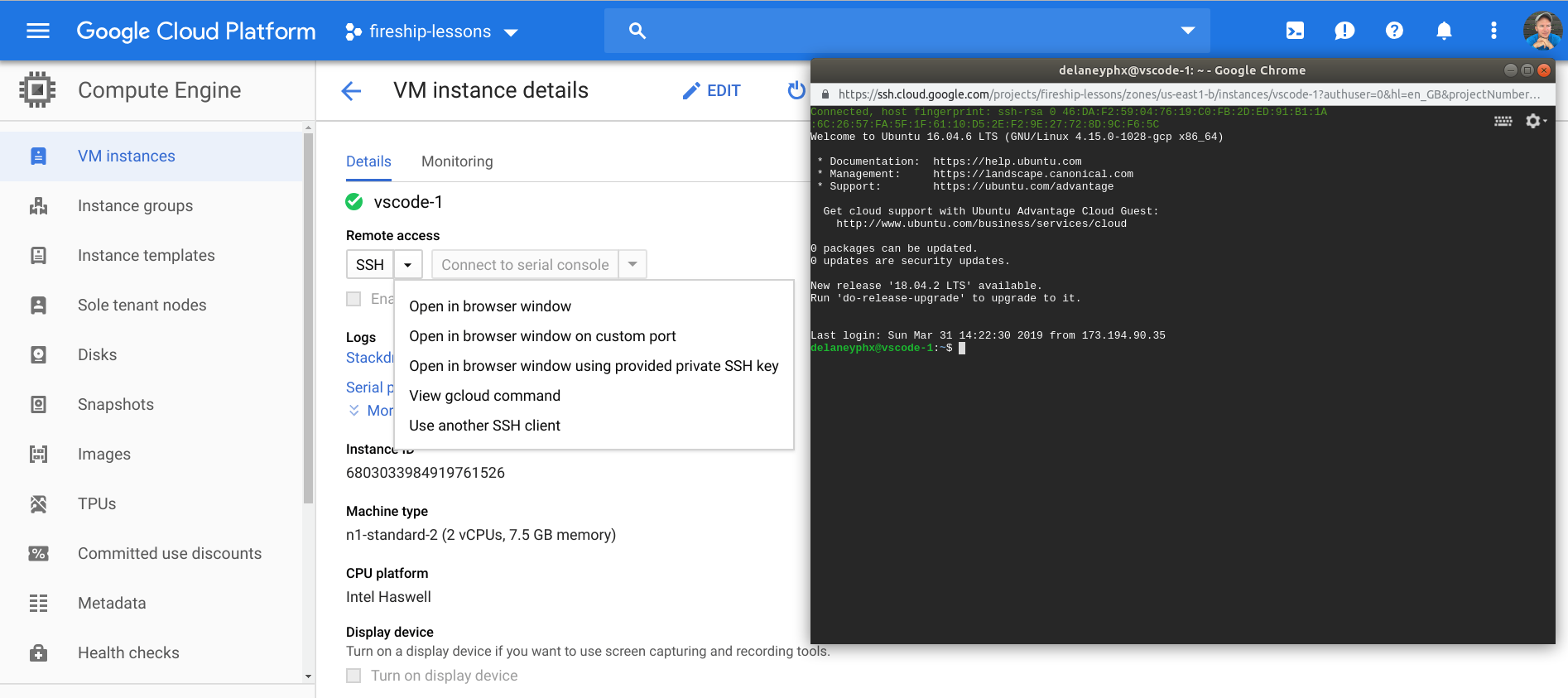 Start an SSH session with your Google Cloud VM