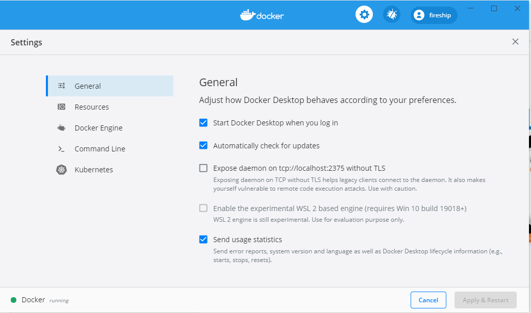 Docker Desktop. Notice the WSL2 option