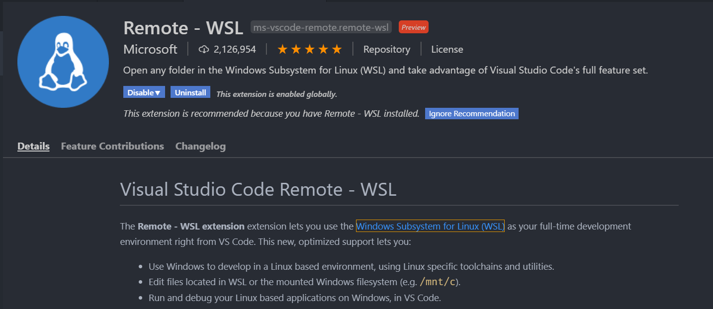 Remote WSL extension