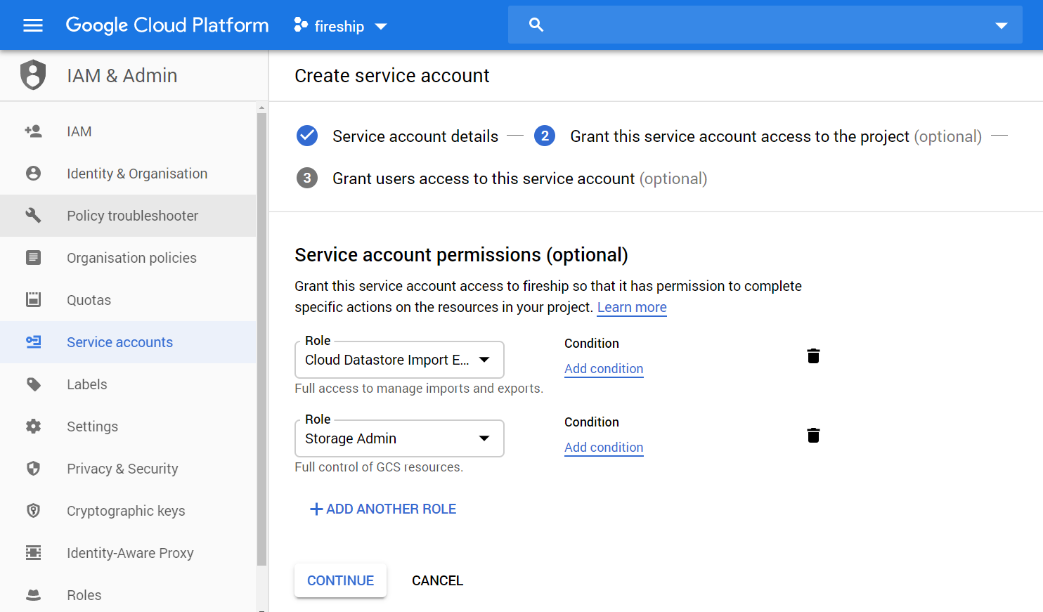 Create a service account that has the Cloud Datastore Import Export Admin &amp; Storage Admin permissions