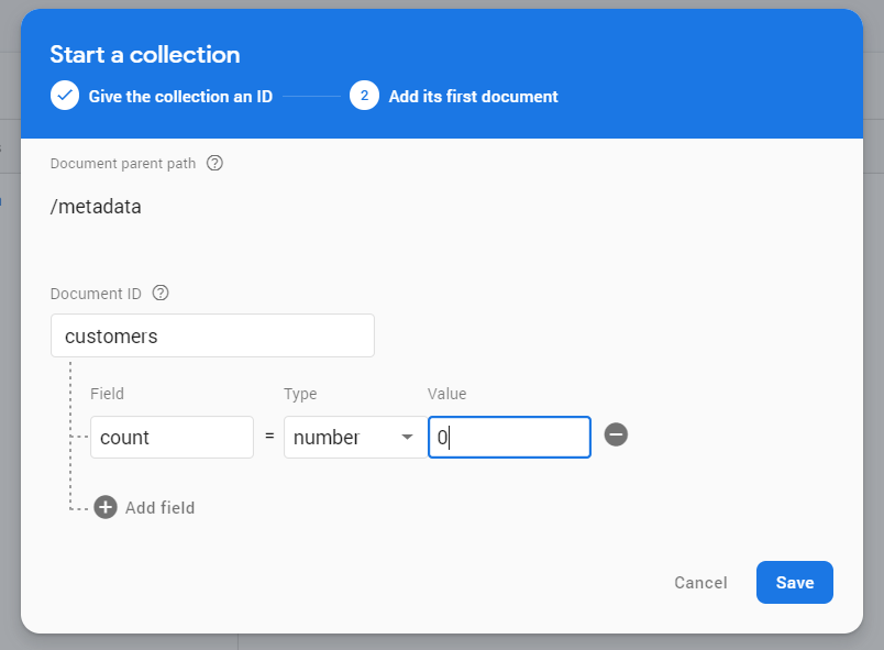 Create a metadata/{collectionName} document in the database