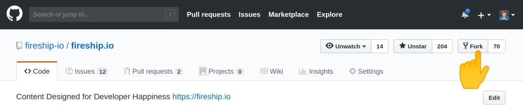 clicking the git fork button on github