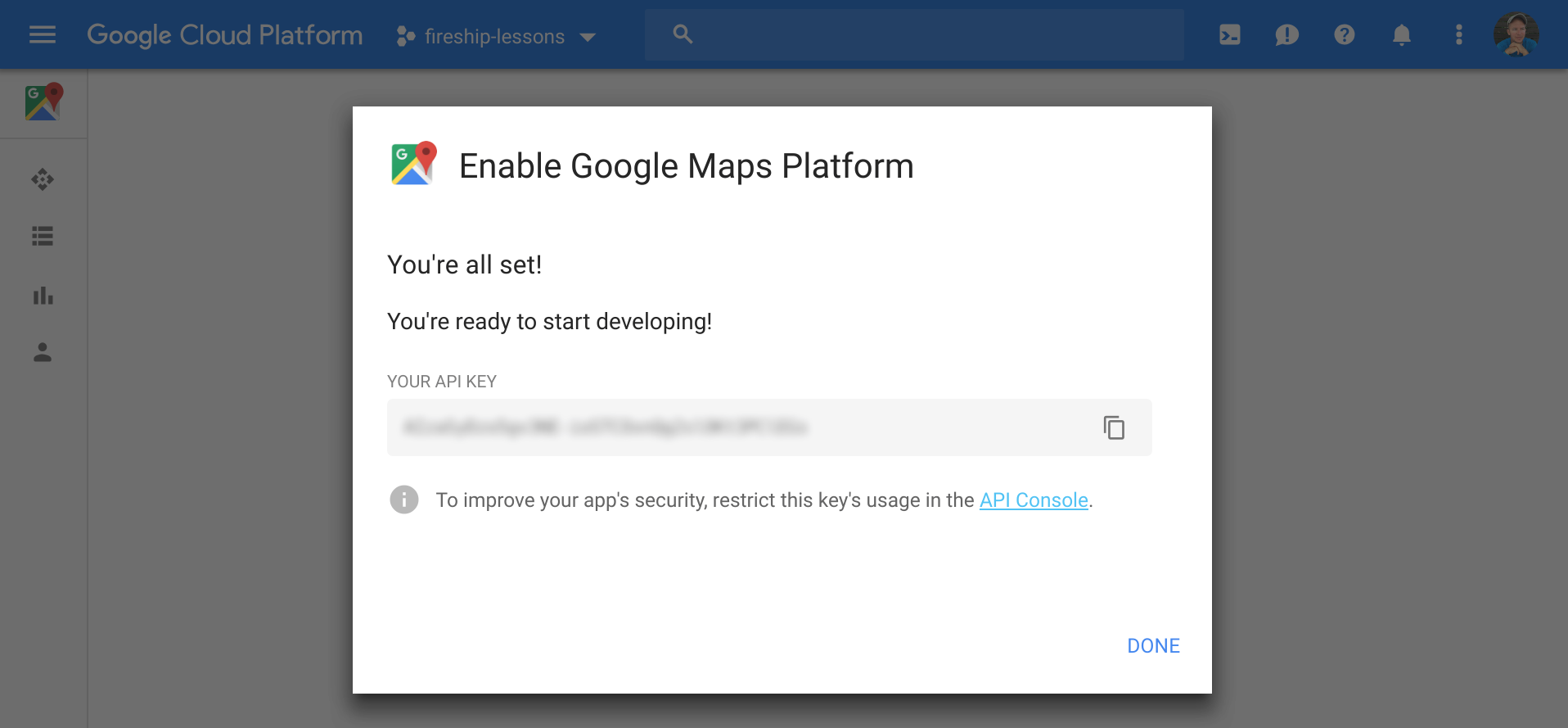 where to get the Google maps API key on the gcp console
